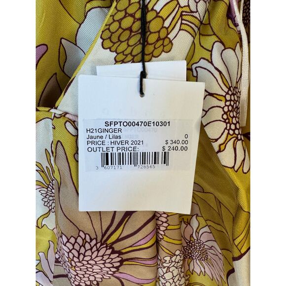 SANDRO NWT Ginger Blouse Yellow Green Size 0 Floral Print Silk Twill Square Neck - Picture 13 of 14
